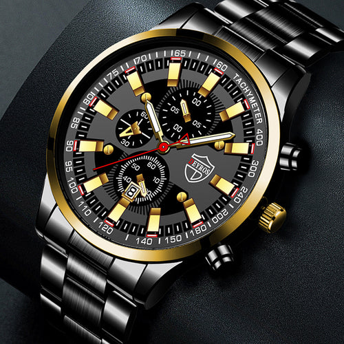 Luminous Quartz Wristwatch for men featuring a black and gold design with chronograph functions.